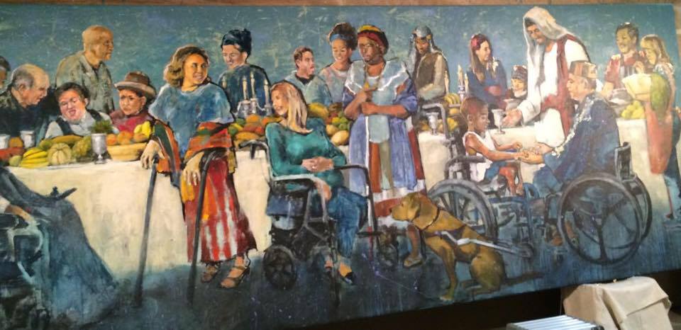 Painting of many people at at table, inlcuding those affected by disability